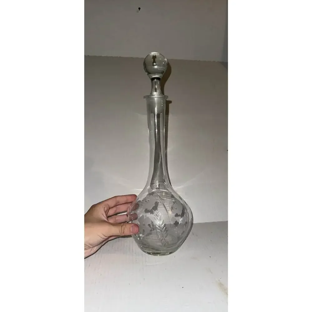 Vintage Excellent Condition Long Necked Etched Floral Design Decanter